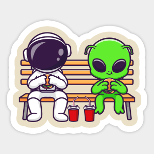 Cute Astronaut And Alien Eating Fastfood On Bench Park Cartoon Sticker